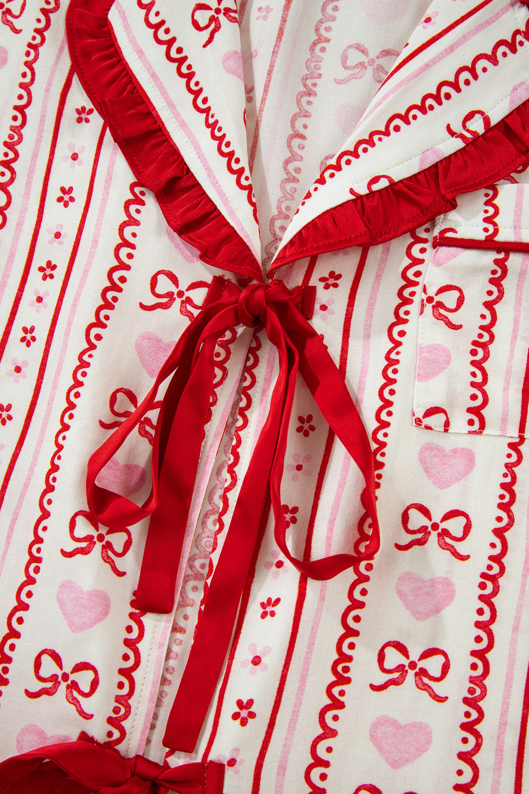 Red Sweet Floral Heart Bow Print Contrast Trim Long Sleeve Shirt Pajama Short Set