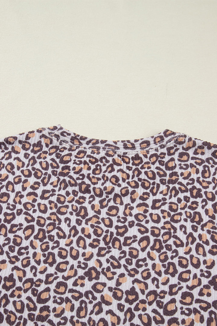 Khaki Leopard Ribbed Long Sleeve Top Drawstring Shorts 2pcs Outfit