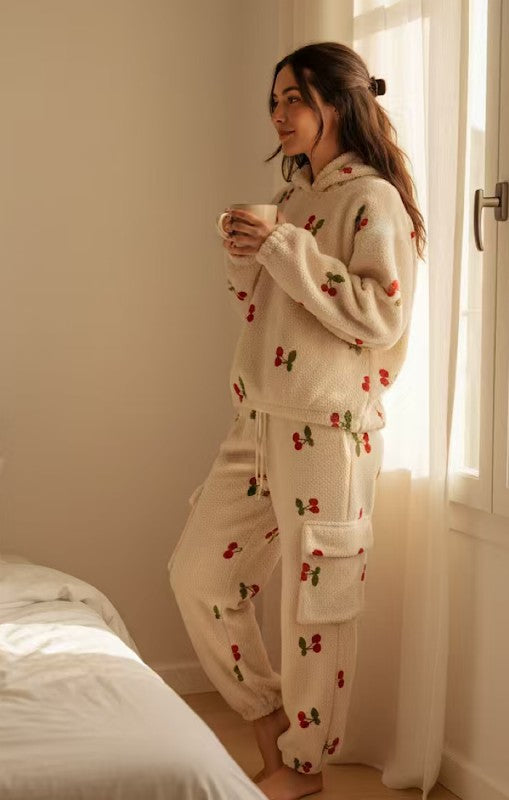 Two piece sherpa cherries sweat set