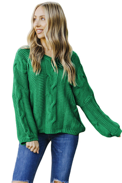 Green Bubblegum V-Neck Braided Knit Sweater