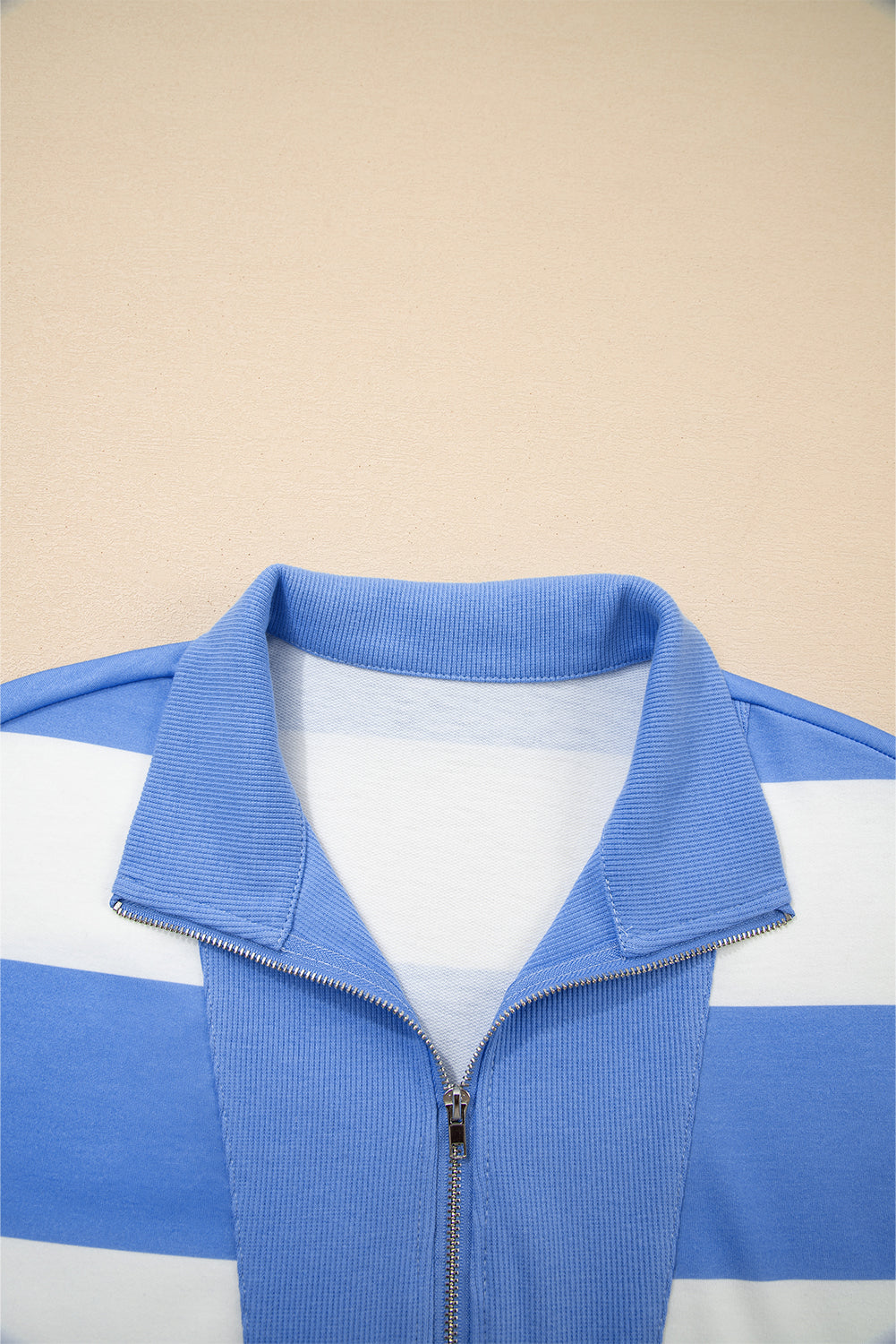 Sky Blue Stripe Seam Detail Half Zip Oversize Tee Casual Shorts 2pcs Set