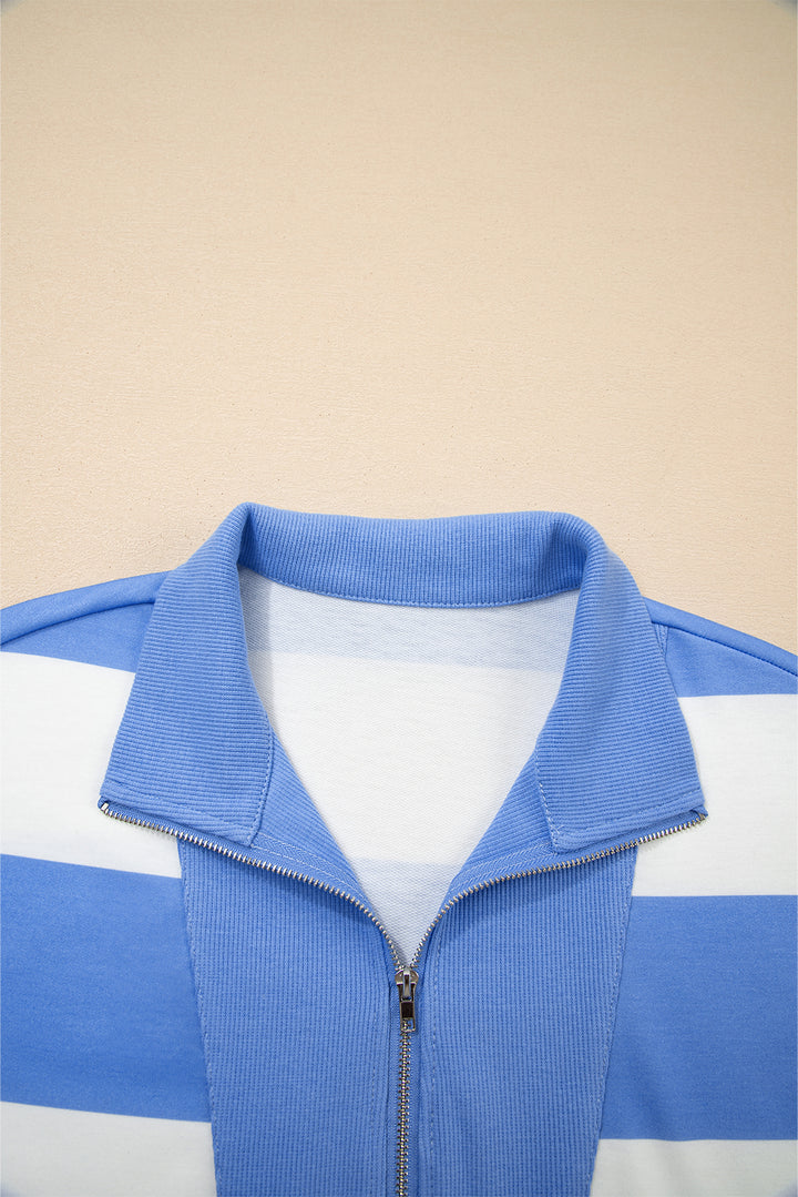 Sky Blue Stripe Seam Detail Half Zip Oversize Tee Casual Shorts 2pcs Set