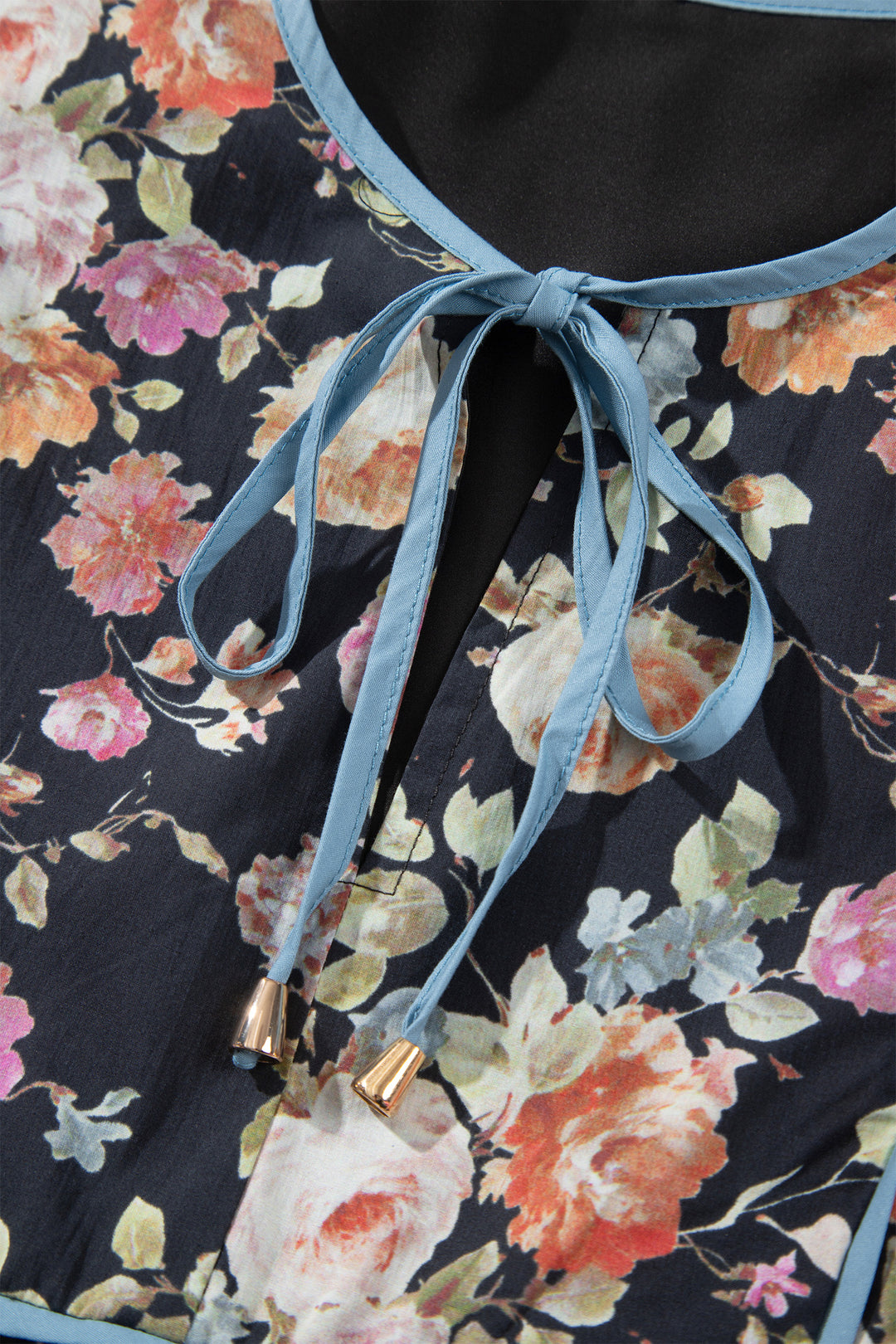 Black Floral Print Contrast Trim Tie V Neck Bracelet Sleeve Blouse