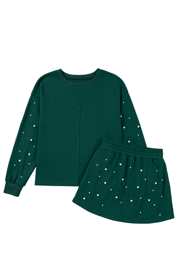 Dark Green Pearl Embellished Drop Shoulder Pullover Elastic Waist Mini Skirt Set