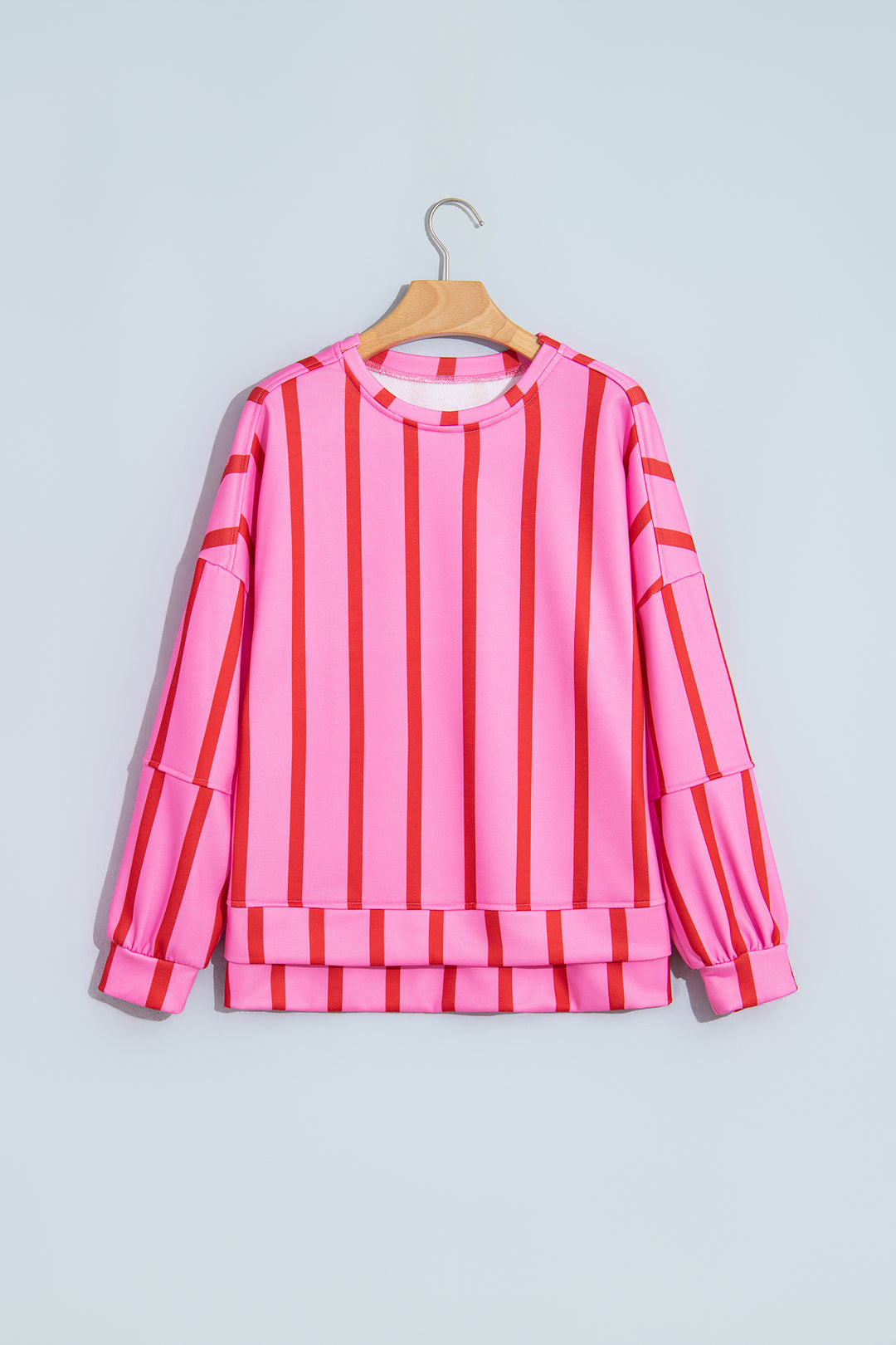 Pink Stripe Dropped Shoulder Round Neck Casual Sweatshirt