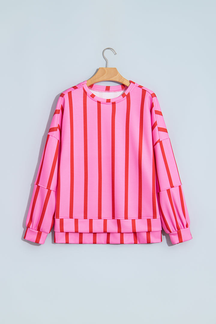 Pink Stripe Dropped Shoulder Round Neck Casual Sweatshirt