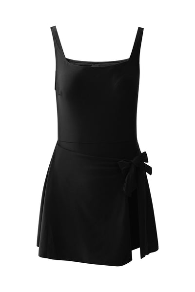 Black Side Tied Waist Square Neck Adjustable Straps A-line One Piece Swim Dress