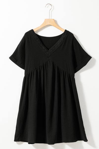 Black Folded Short Sleeve Lace V Neck Mini Dress