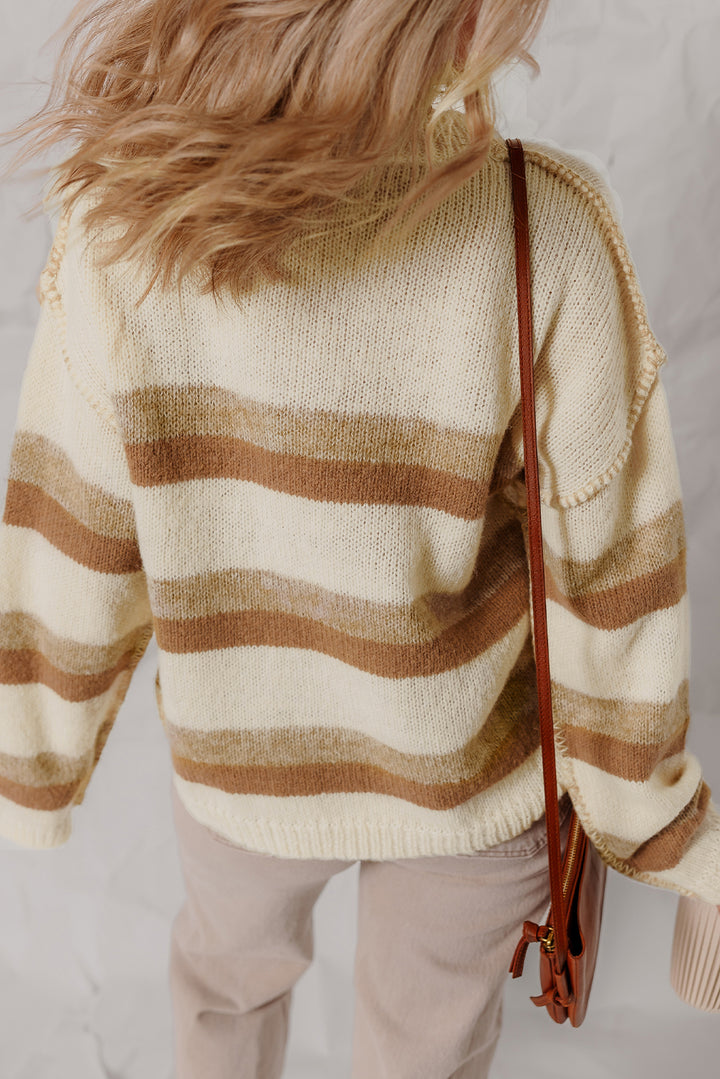 Khaki Stripe Exposed Seam Drop Shoulder Knit Baggy Sweater