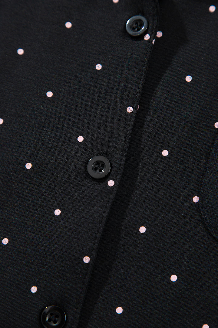 Black Polka Dot Long Sleeve Shirt Lace Detail Two Piece Pajama Pant Set