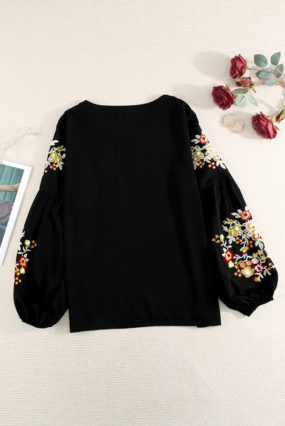 Black Floral Embroidery Long Sleeve Top