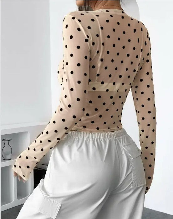 Mesh Mesh polka dot long sleeve cropped top