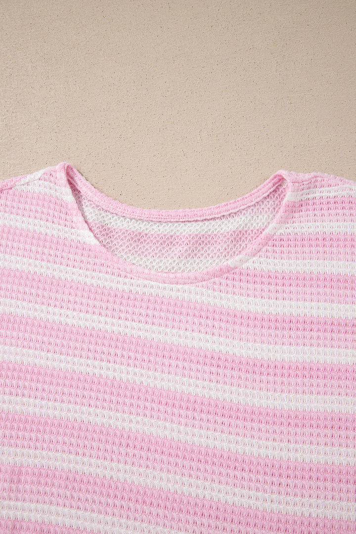 Pink Striped Print Waffle Knit T Shirt