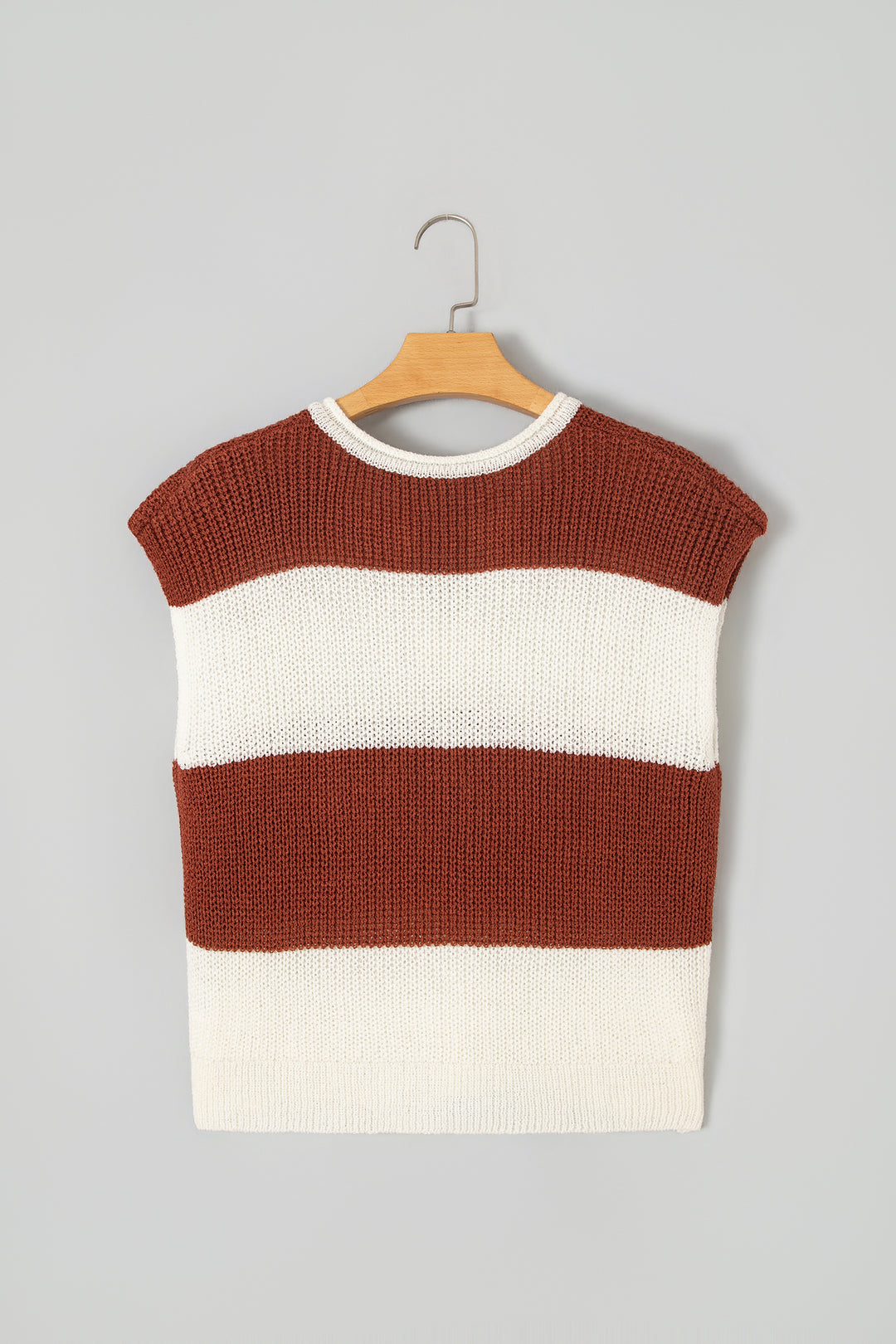 Brown Stripe Striped Colorblock Knit V Neck Short Sleeve Loose Sweater
