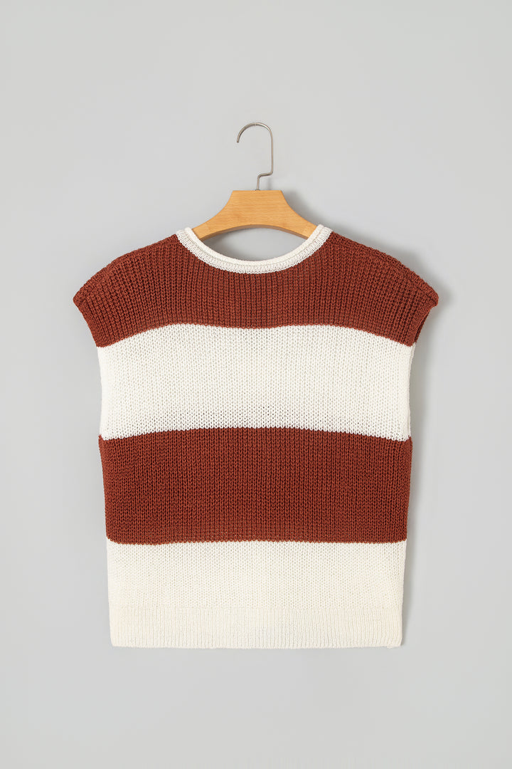 Brown Stripe Striped Colorblock Knit V Neck Short Sleeve Loose Sweater