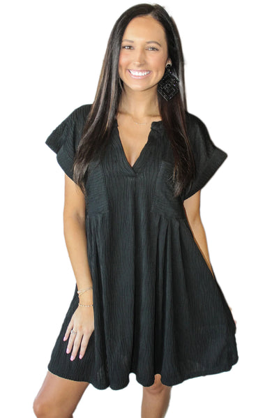 Black Textured V Neck Short Sleeve Pockted Mini Dress