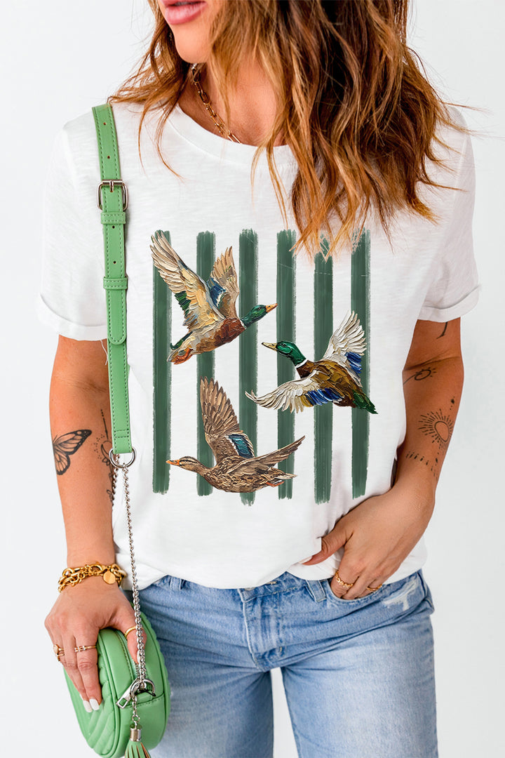 White Western Mallard Stripes Printed Graphic Round Neck Casual Tee