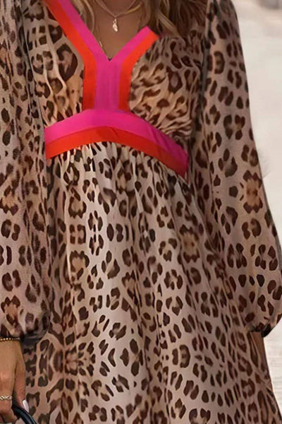 Leopard V-Neck Long Sleeve Maxi Dress