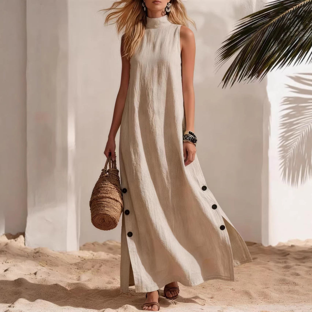 Cotton Linen Sleeveless Midi Dress – Side Slits &amp; Loose Fit