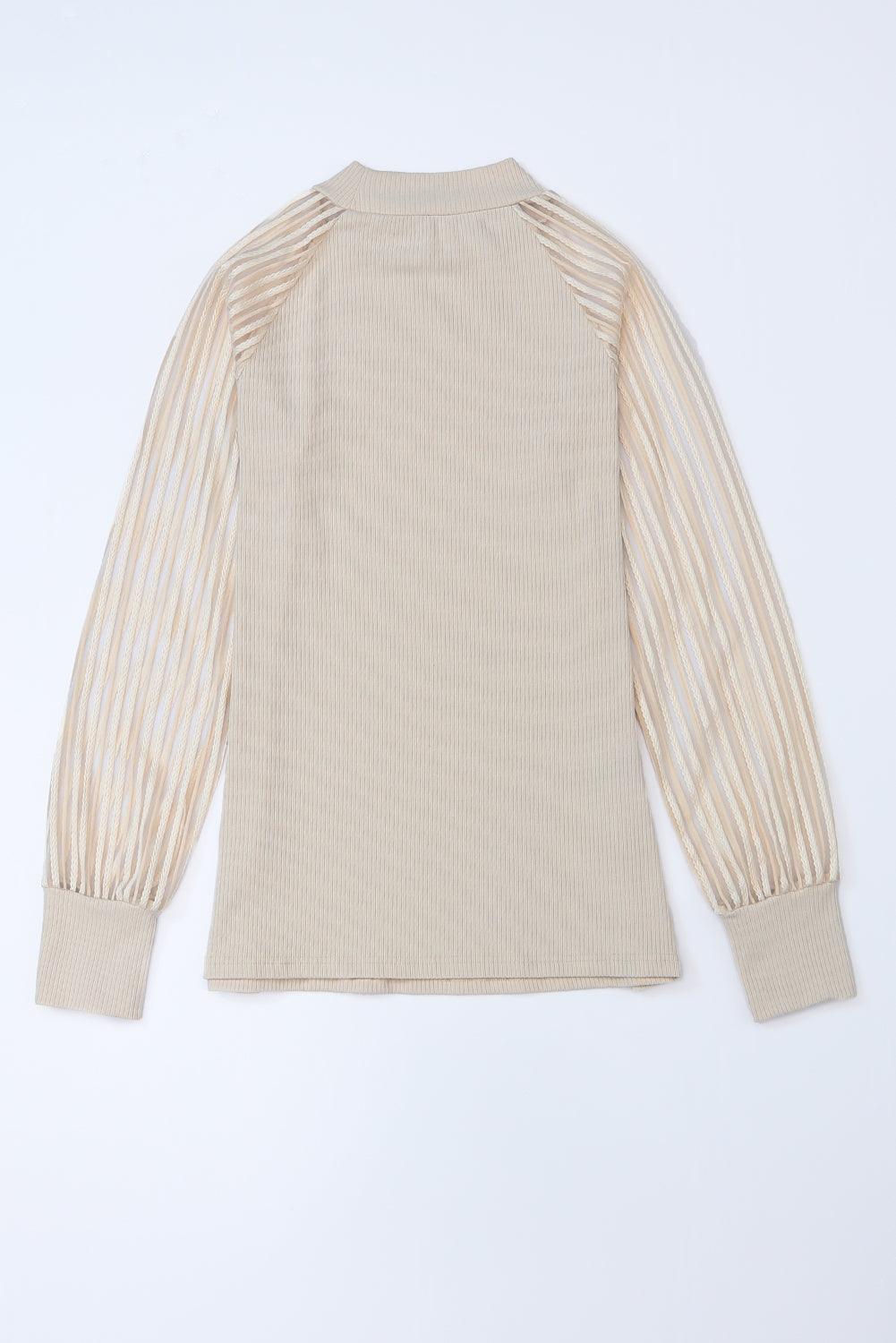 Apricot Striped Mesh Long Sleeve Crewneck Ribbed Top