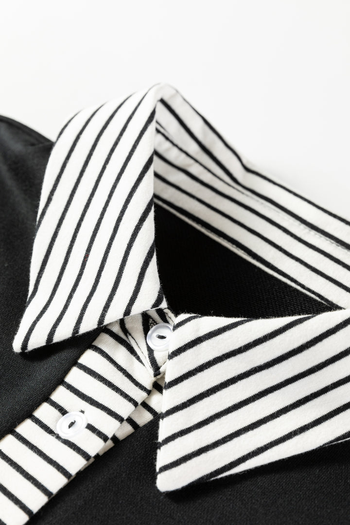 Black Plus Size Striped Cuffs Polo Collar Patchwork Long Sleeve Ruffle Hem Dress