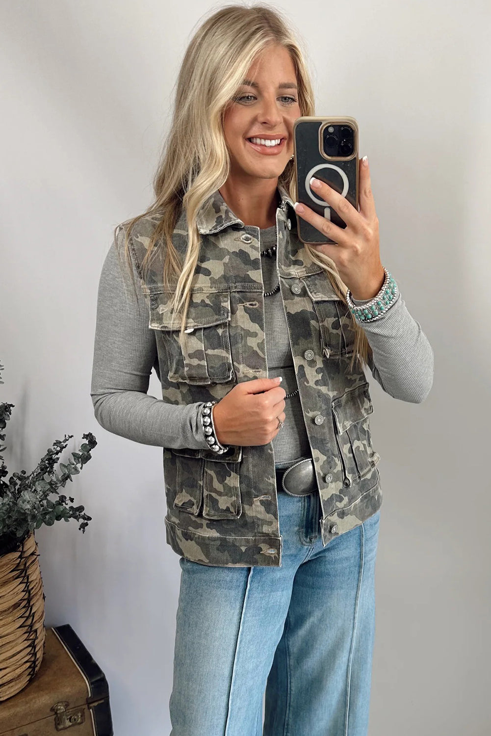 Green Camo Cargo Denim Vest