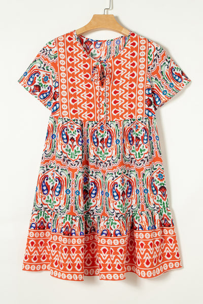 Orange Bohemian Print Tie Neck Ruffle Hem Short Dress