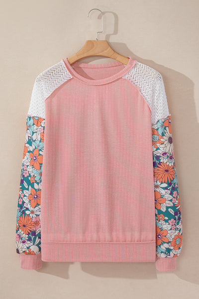 Rose Pink Floral Patchwork Puff Sleeve Textured Blouse