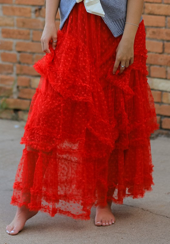 Mesh ruffle maxi skirt
