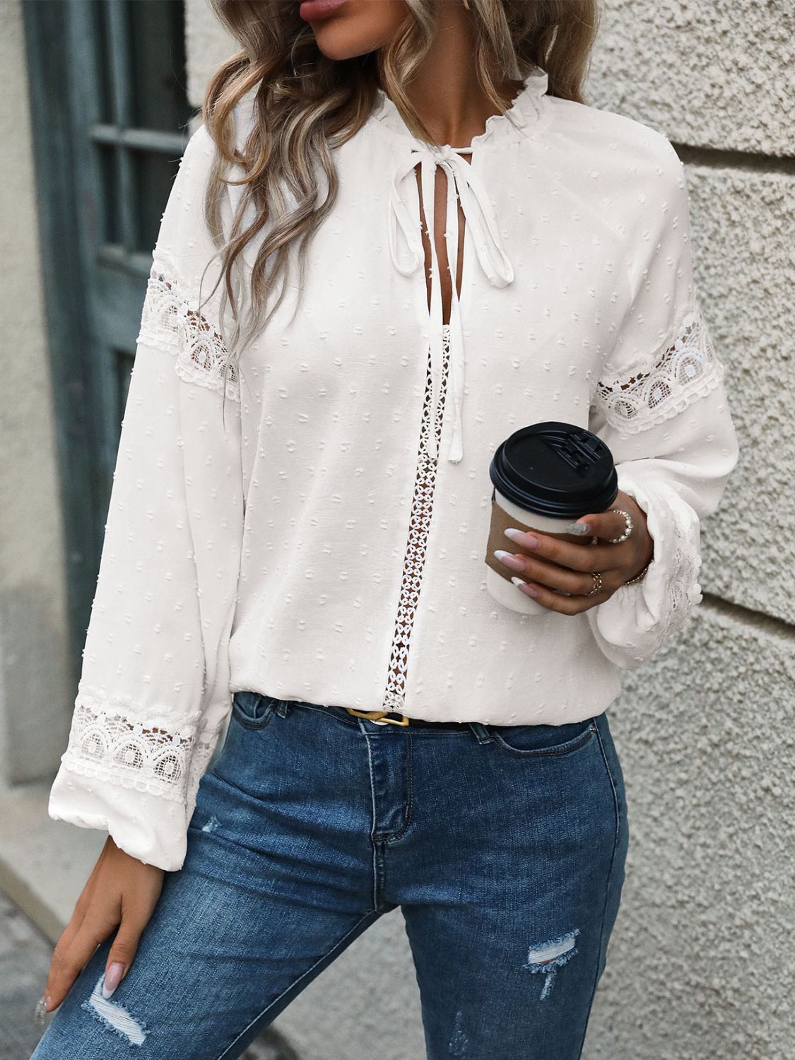 Perfee Lace Detail Tie Neck Long Sleeve Blouse