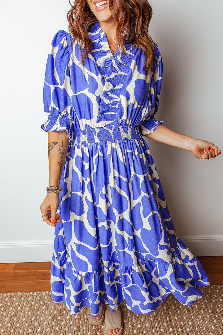 Sky Blue Abstract Print Smocked Waist Puff Half Sleeve Maxi Dress