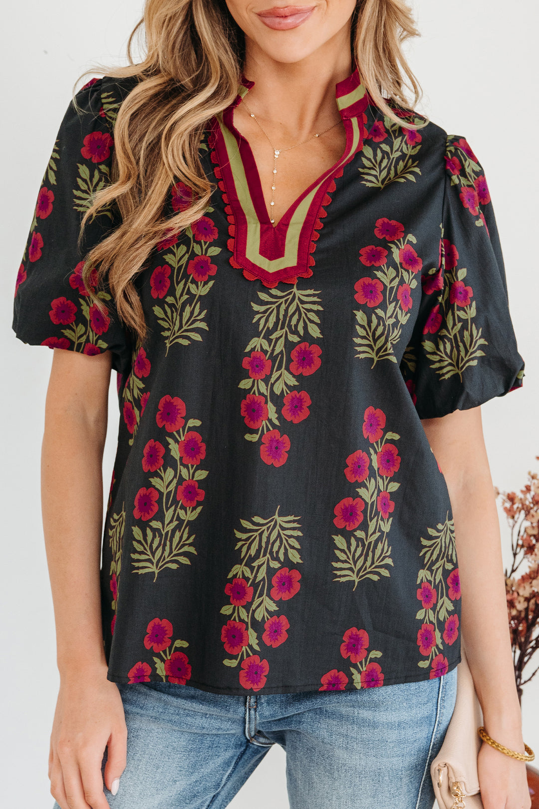 Black Floral Short Bubble Sleeve Contrast Slit Neckline Blouse