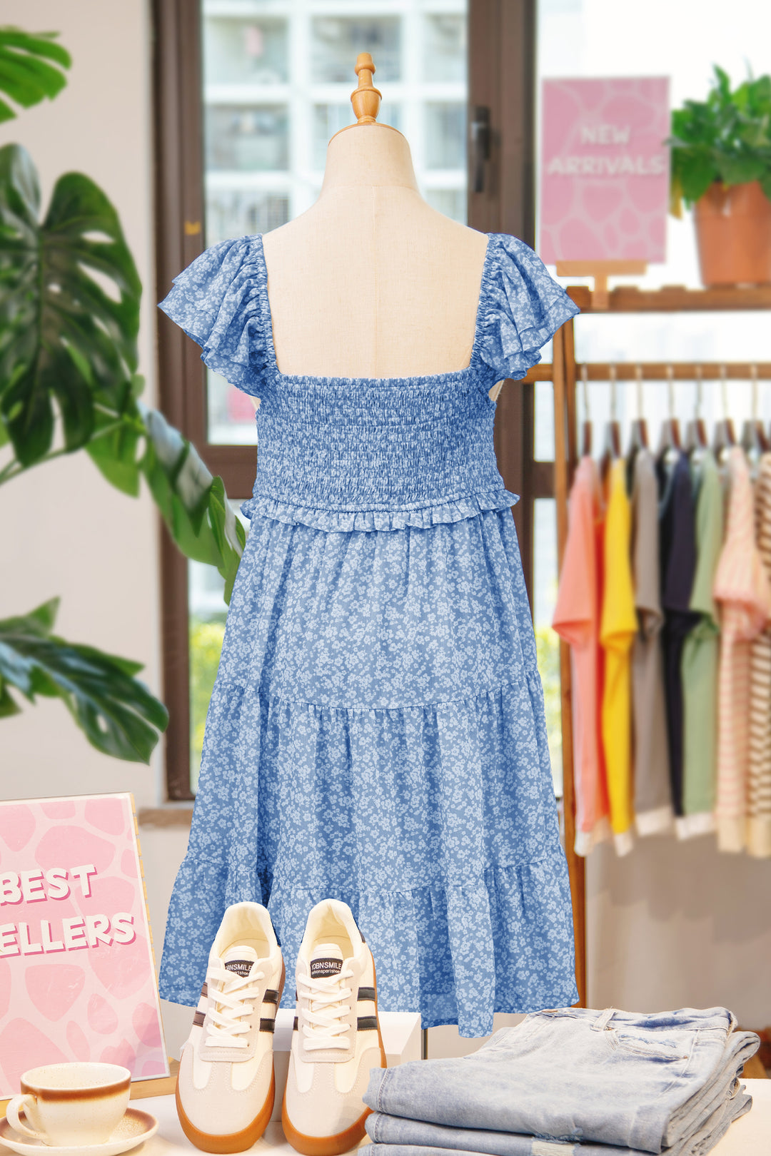 Sky Blue Floral Print Square Neck Flutter Sleeve Smocked Tiered Mini Dress