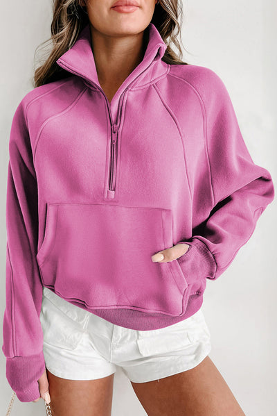 Bonbon Fleece Lined Zip Up Stand Collar Thumbhole Sleeve Sweatshirt