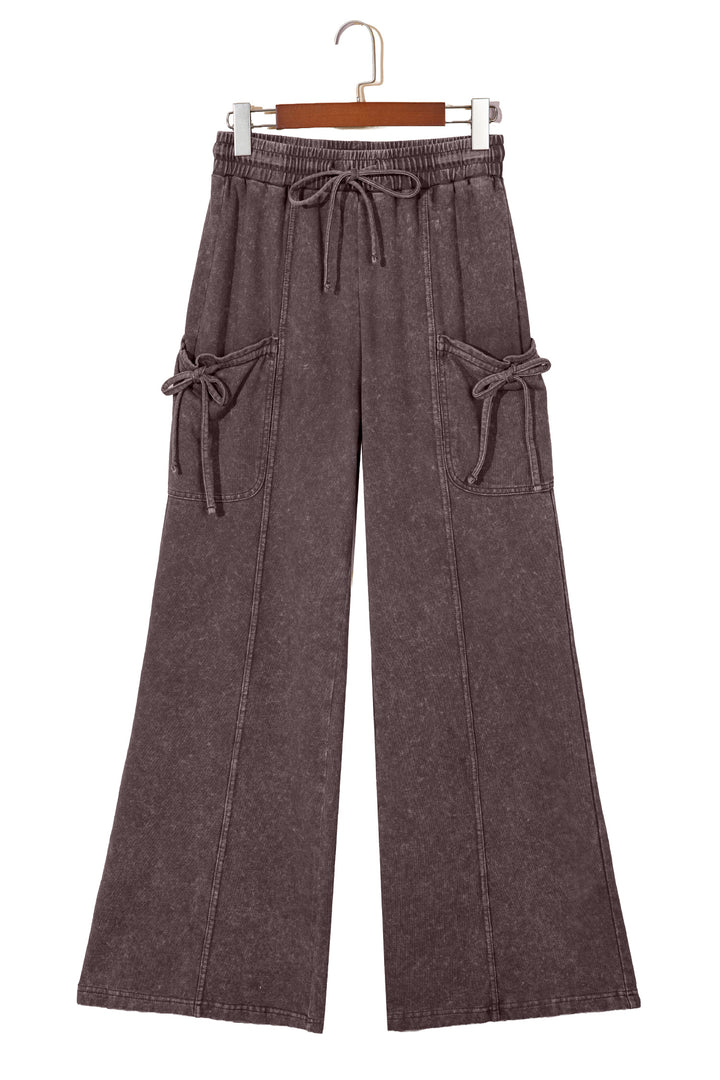 Dark Brown Cotton Mineral Wash Elastic Waist Drawstring Tie Detail Cargo Pants
