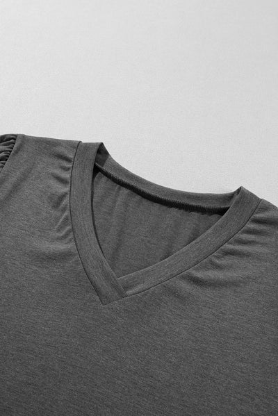 Carbon Grey Fashion Petal Sleeve V Neck T Shirt