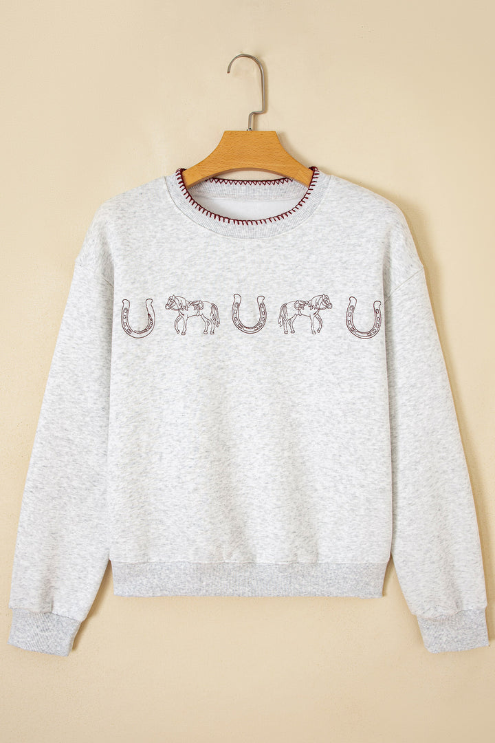 Light Grey Western Print Embroidered Casual Sweatshirt
