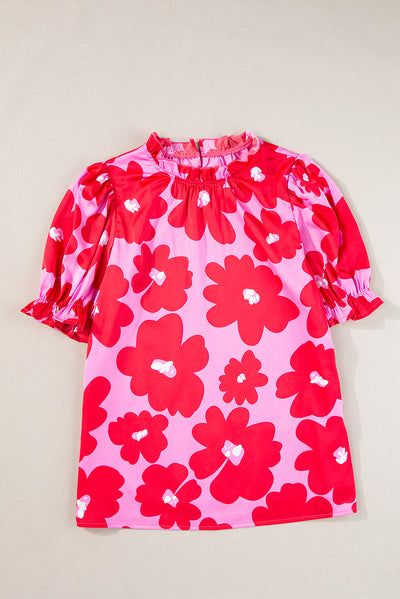 Rose Floral Puff Sleeve Frill Neckline Blouse