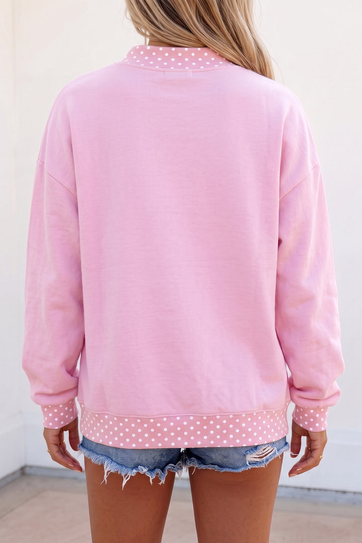 Pink Polka Dot Letter Print Mock Neck Pullover Sweatshirt
