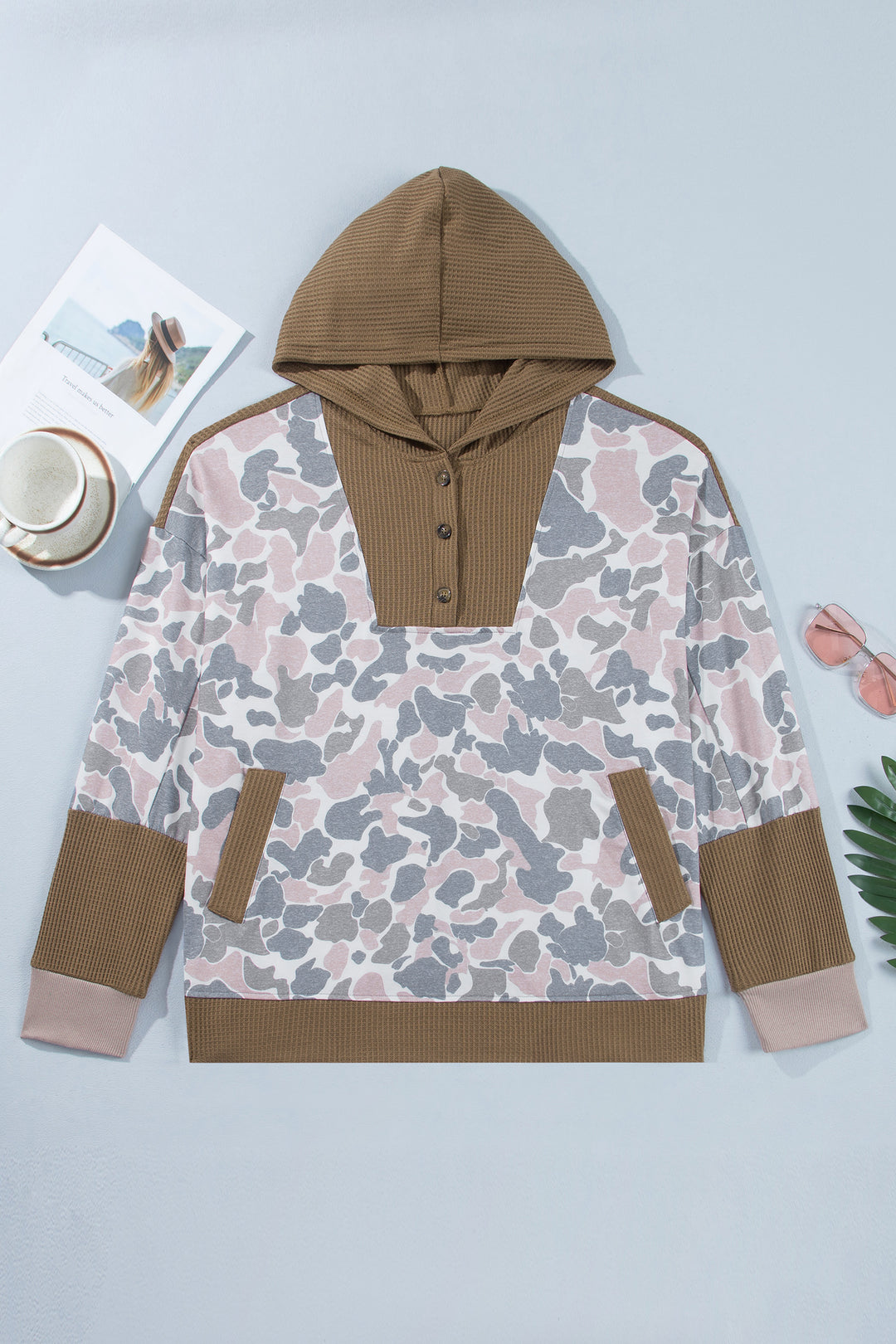 Khaki Camouflage Print Waffle Knit Patchwork Half Zip Plus Size Hoodie