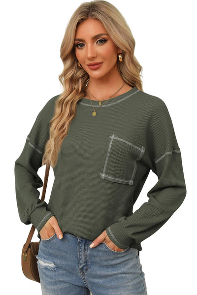 Mist Green Contrast Exposed Stitching Waffle Knit Top