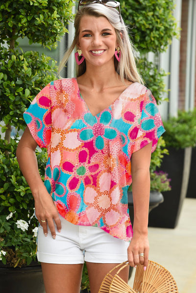 Pink Abstract Print V Neck Dolman Blouse