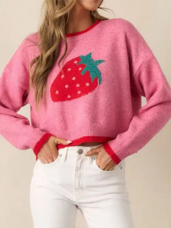 Miss Sparkling Strawberry Print Knit Sweater