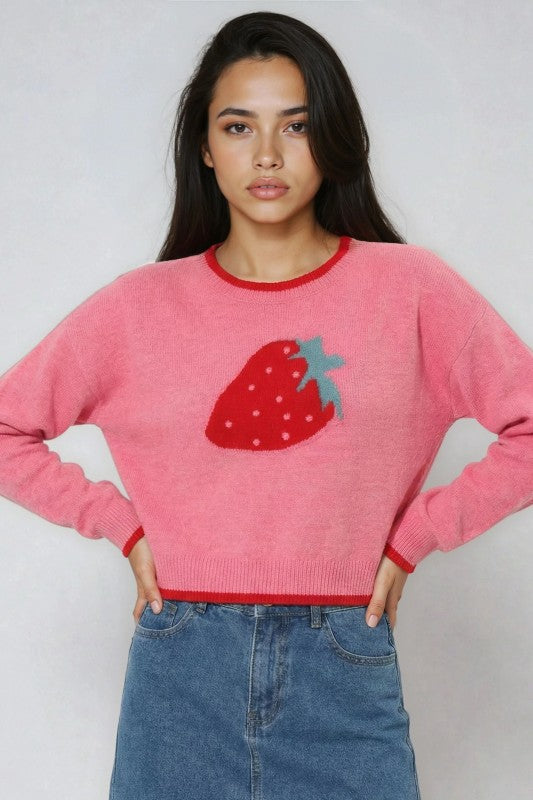 Miss Sparkling Strawberry Print Knit Sweater