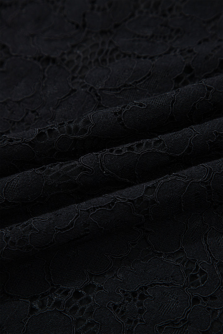 Black Floral Lace Overlay Tassel Tie Short Sleeve Beach Vacation Loose Maxi Dress