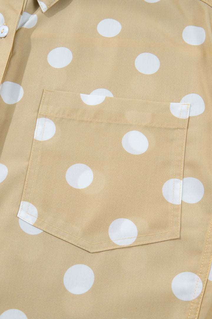 White Polka Dot Print Three Quarter Sleeve Ruffle Hem Casual Shirt