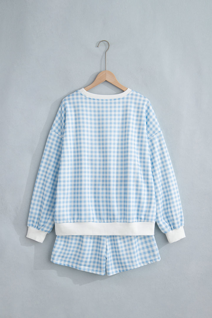 Pink Plaid Baggy Pullover Drawstring Casual Shorts 2pcs Outfit