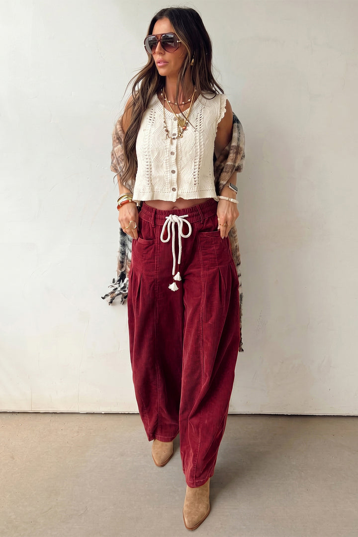 Racing Red Elastic Waist Drawstring Corduroy Casual Pants