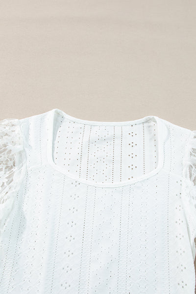 White Frenchy Contrast Lace Bishop Sleeve Bodysuit