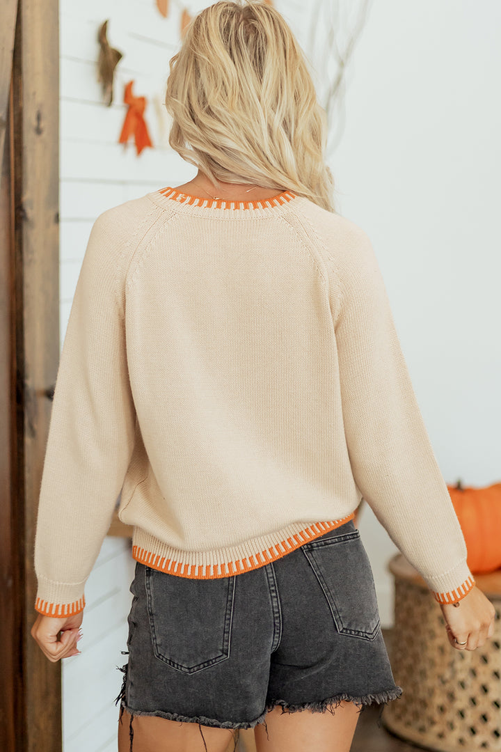 Parchment Floral Embroidery Pumpkin Long Sleeve Round Neck Sweater